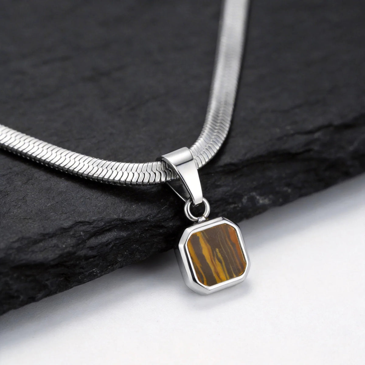 Vnox Geometric Square Natural Stone Pendant Necklace for Men, Gold Silver Color Stainless Steel Blade Chain, Trendy Jewelry Gift