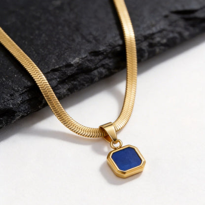 Vnox Geometric Square Natural Stone Pendant Necklace for Men, Gold Silver Color Stainless Steel Blade Chain, Trendy Jewelry Gift