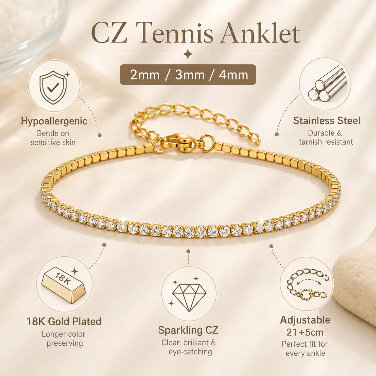 Cubic Zirconia Tennis Anklet for Women Stainless Steel 18K Gold Plated CZ Foot Chain Layering Summer No Tarnish Waterproof
