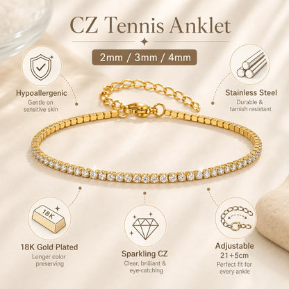 Cubic Zirconia Tennis Anklet for Women Stainless Steel 18K Gold Plated CZ Foot Chain Layering Summer No Tarnish Waterproof