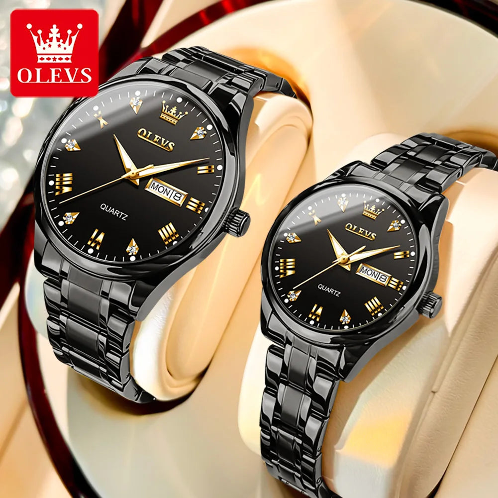 OLEVS 5563 Couple Watch Luxury Gold Diamond Dual Calendar Waterproof Watch Fashion Brand Quartz Appointment Clock Couple Watch
