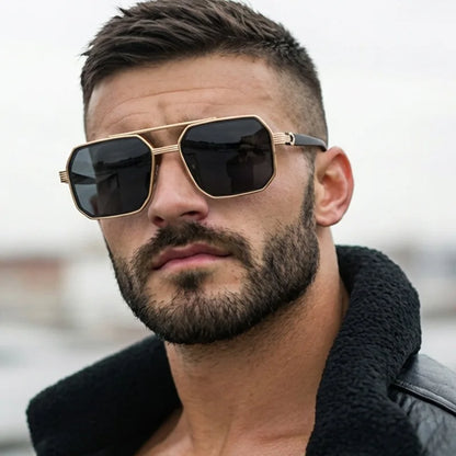 Trendy Women Luxury Polygonal Pilot Sunglasses Double Beam Men Metal Sunglass Outdoor Driving Shade Unisex UV400