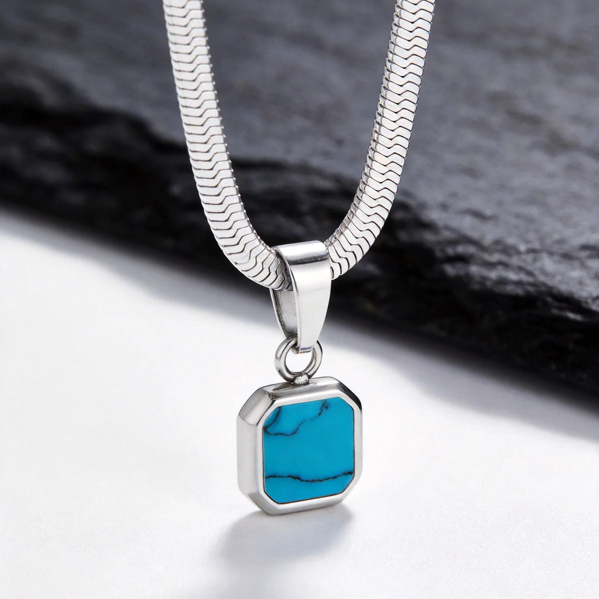 Vnox Geometric Square Natural Stone Pendant Necklace for Men, Gold Silver Color Stainless Steel Blade Chain, Trendy Jewelry Gift