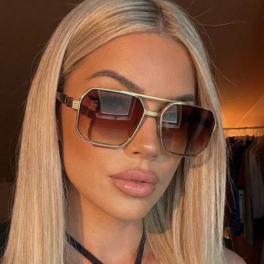 Trendy Women Luxury Polygonal Pilot Sunglasses Double Beam Men Metal Sunglass Outdoor Driving Shade Unisex UV400