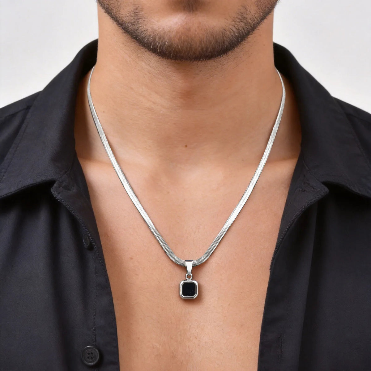 Vnox Geometric Square Natural Stone Pendant Necklace for Men, Gold Silver Color Stainless Steel Blade Chain, Trendy Jewelry Gift