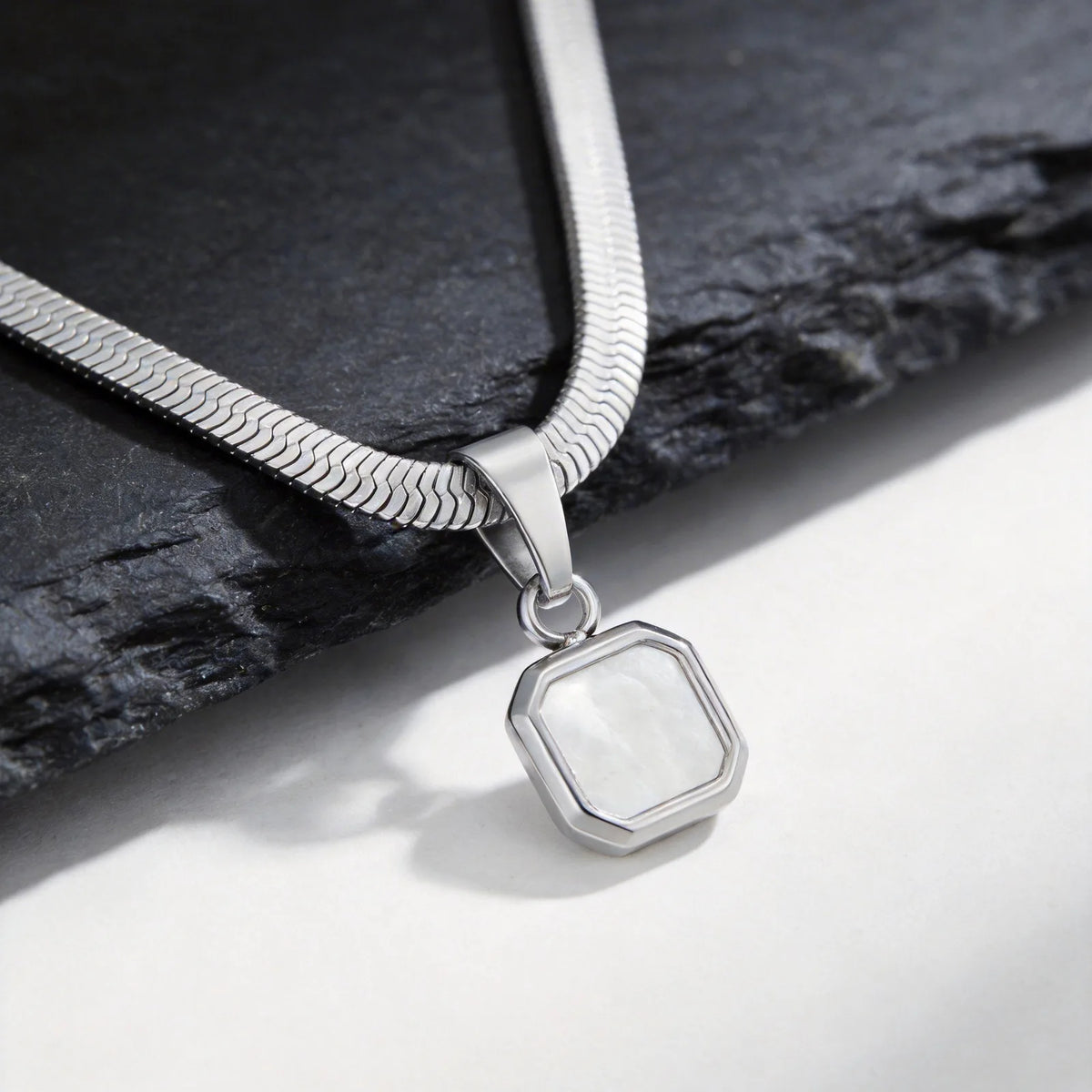 Vnox Geometric Square Natural Stone Pendant Necklace for Men, Gold Silver Color Stainless Steel Blade Chain, Trendy Jewelry Gift