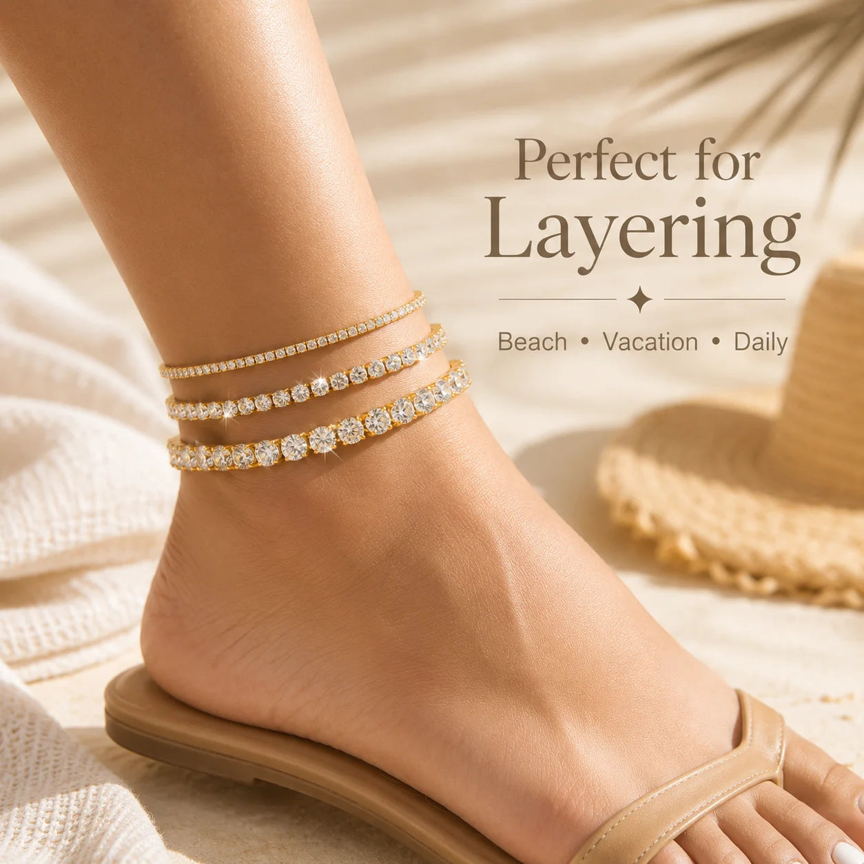 Cubic Zirconia Tennis Anklet for Women Stainless Steel 18K Gold Plated CZ Foot Chain Layering Summer No Tarnish Waterproof