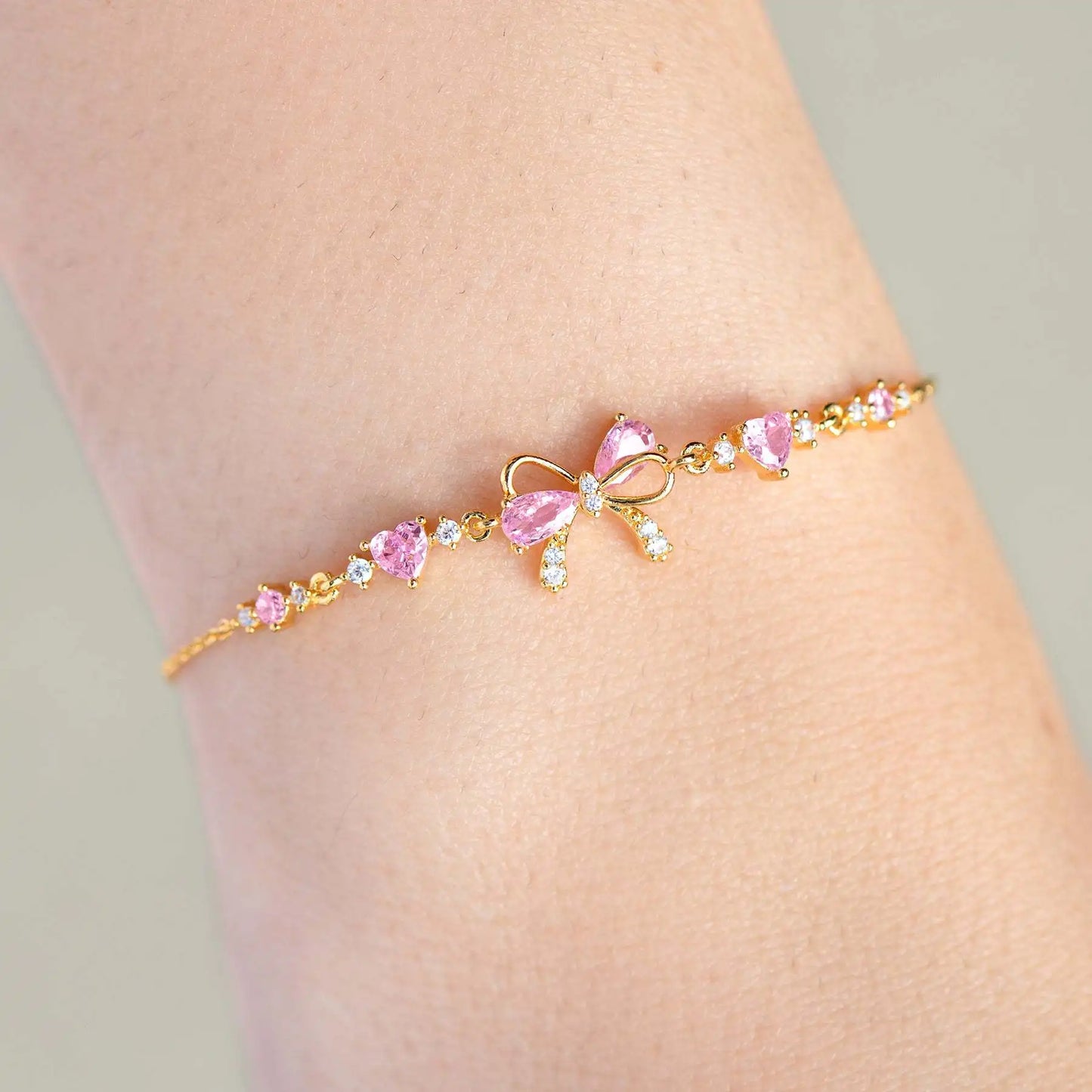 Y2K Exquisite Sweet Pink Zircon Bowknot Stainless Steel Love Heart Chain Bracelet for Women Girls Party Birthday Jewelry Gifts