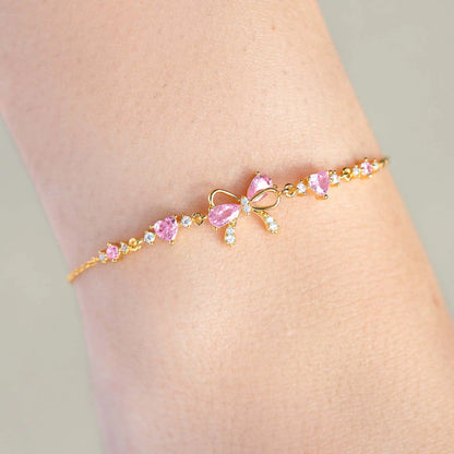 Y2K Exquisite Sweet Pink Zircon Bowknot Stainless Steel Love Heart Chain Bracelet for Women Girls Party Birthday Jewelry Gifts