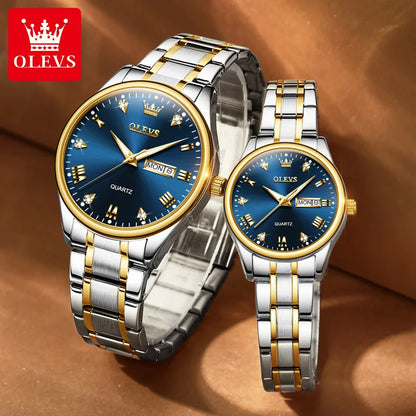 OLEVS 5563 Couple Watch Luxury Gold Diamond Dual Calendar Waterproof Watch Fashion Brand Quartz Appointment Clock Couple Watch