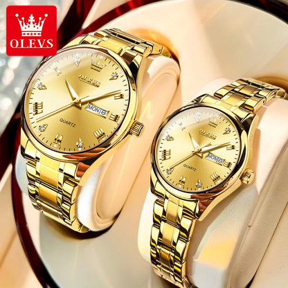 OLEVS 5563 Couple Watch Luxury Gold Diamond Dual Calendar Waterproof Watch Fashion Brand Quartz Appointment Clock Couple Watch