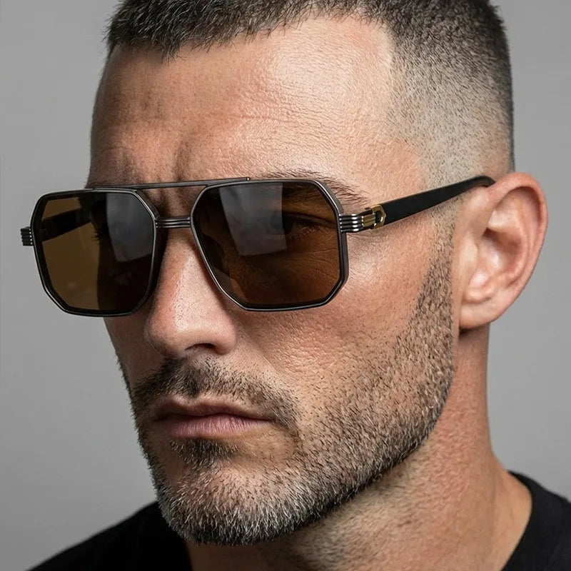 Trendy Women Luxury Polygonal Pilot Sunglasses Double Beam Men Metal Sunglass Outdoor Driving Shade Unisex UV400