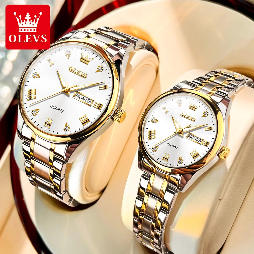 OLEVS 5563 Couple Watch Luxury Gold Diamond Dual Calendar Waterproof Watch Fashion Brand Quartz Appointment Clock Couple Watch