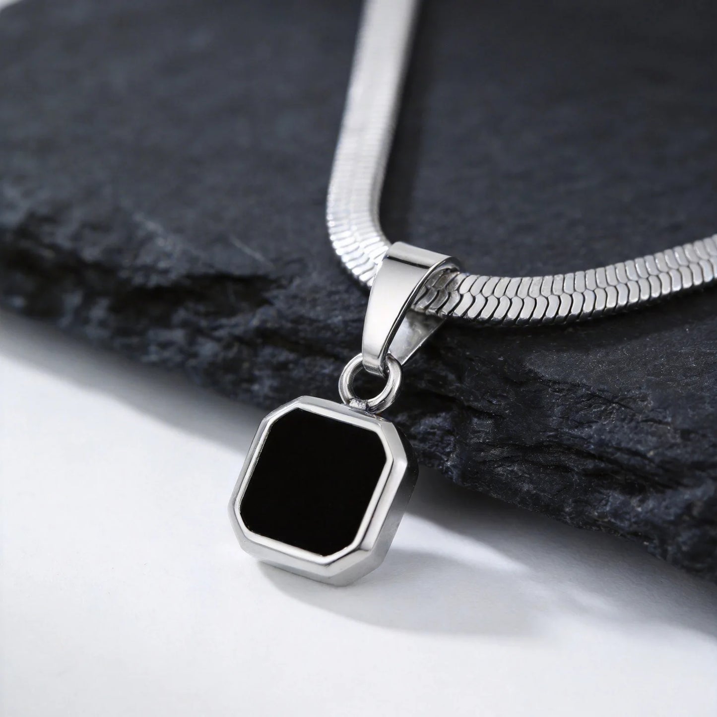 Vnox Geometric Square Natural Stone Pendant Necklace for Men, Gold Silver Color Stainless Steel Blade Chain, Trendy Jewelry Gift