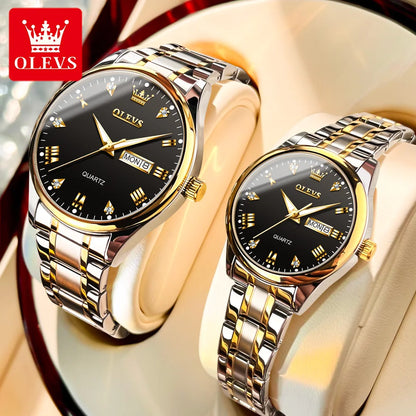 OLEVS 5563 Couple Watch Luxury Gold Diamond Dual Calendar Waterproof Watch Fashion Brand Quartz Appointment Clock Couple Watch