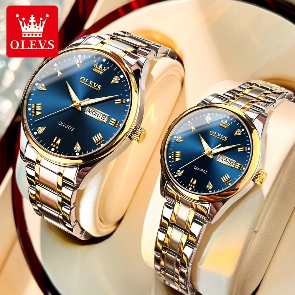 OLEVS 5563 Couple Watch Luxury Gold Diamond Dual Calendar Waterproof Watch Fashion Brand Quartz Appointment Clock Couple Watch