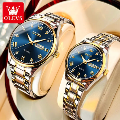 OLEVS 5563 Couple Watch Luxury Gold Diamond Dual Calendar Waterproof Watch Fashion Brand Quartz Appointment Clock Couple Watch
