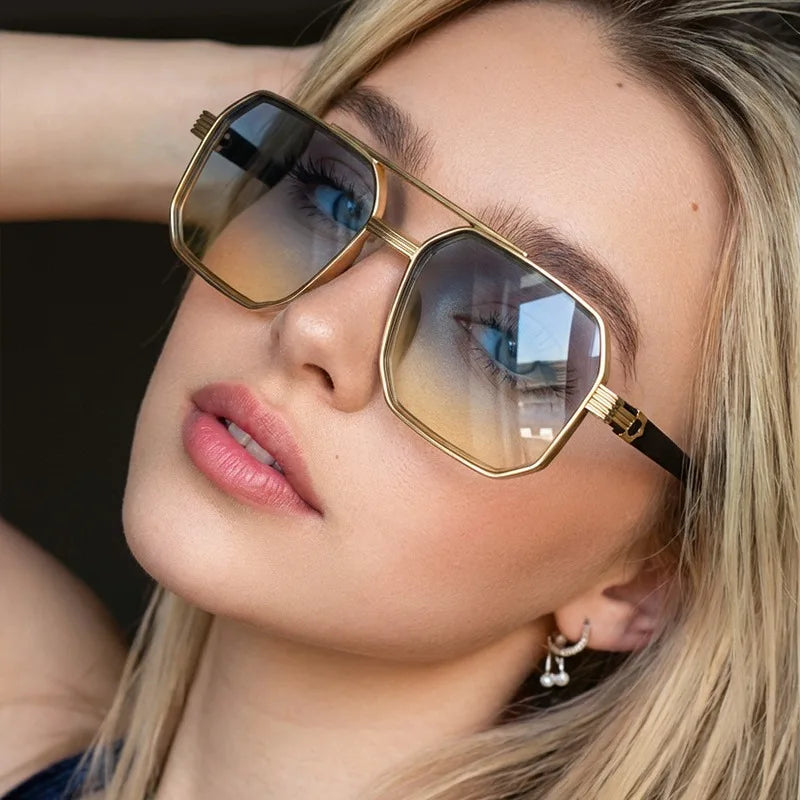 Trendy Women Luxury Polygonal Pilot Sunglasses Double Beam Men Metal Sunglass Outdoor Driving Shade Unisex UV400